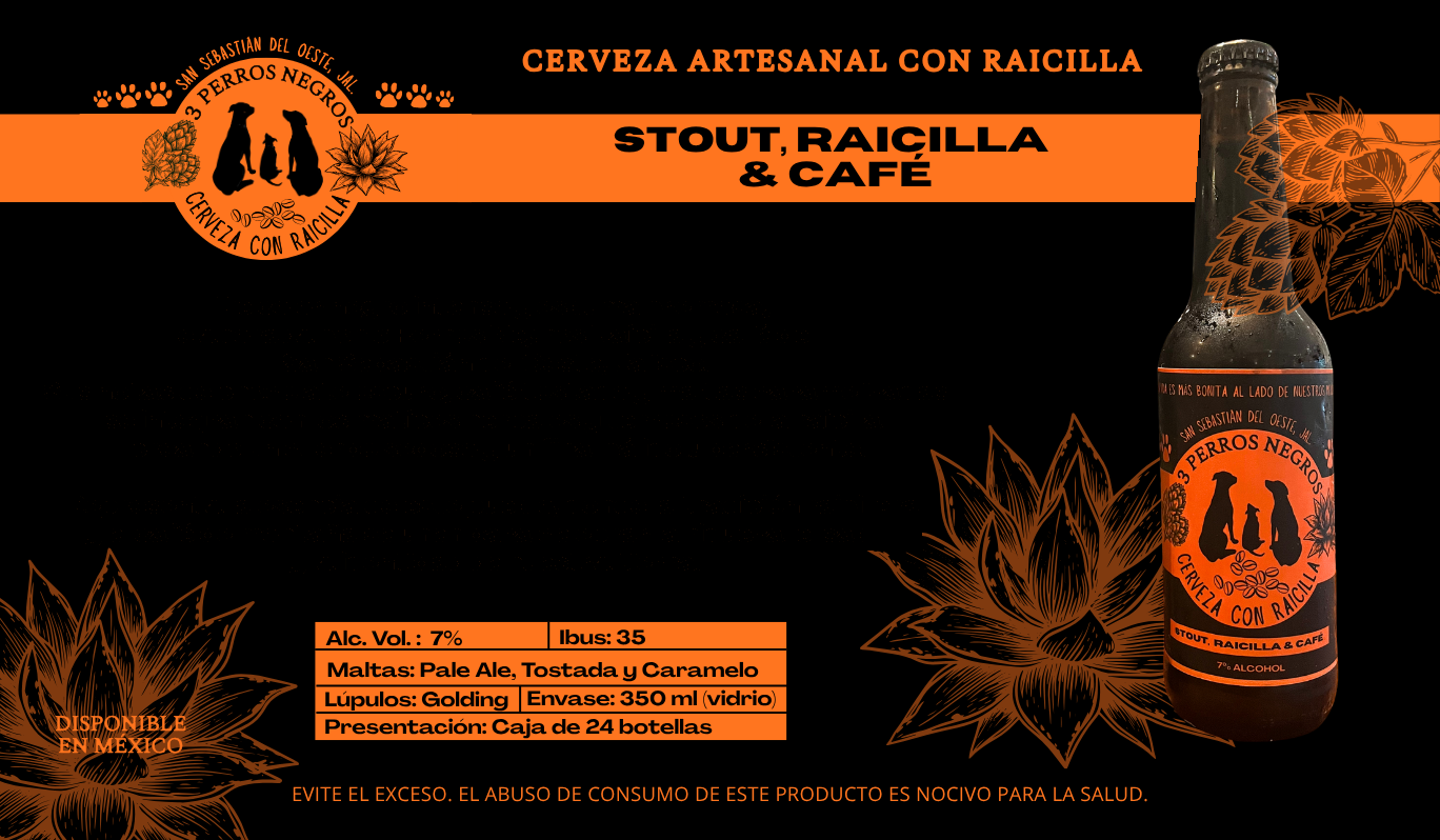 Botella de cerveza artesanal Stout con Raicilla 3 Perros Negros y café de San Sebastián del Oeste, 7% alc. vol., 350 ml