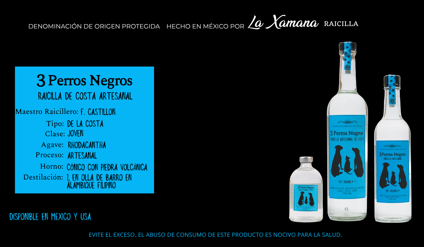 Botella de Raicilla de Costa 3 Perros Negros, agave Rhodacantha silvestre de El Tuito, Jalisco