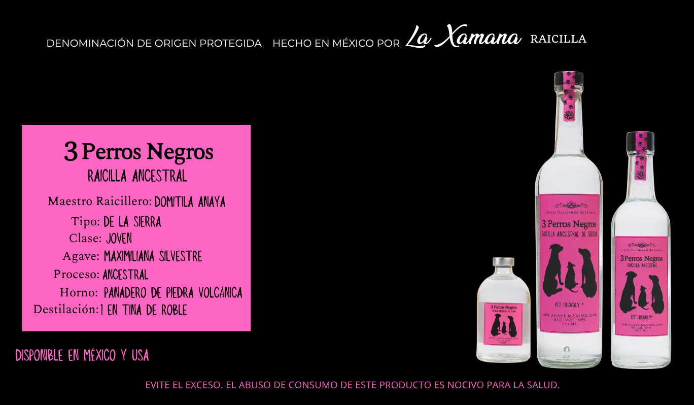 Botella de Raicilla Ancestral de la Sierra 3 Perros Negros, agave Maximiliana silvestre de Atenguillo machacado a mano