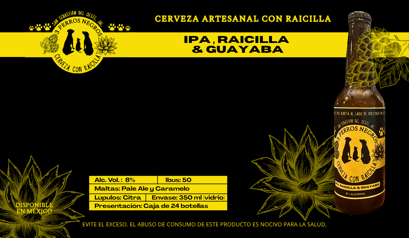 Botella de cerveza artesanal IPA con Raicilla 3 Perros Negros y guayaba, dorada y tropical, 8% alc. vol., 350 ml