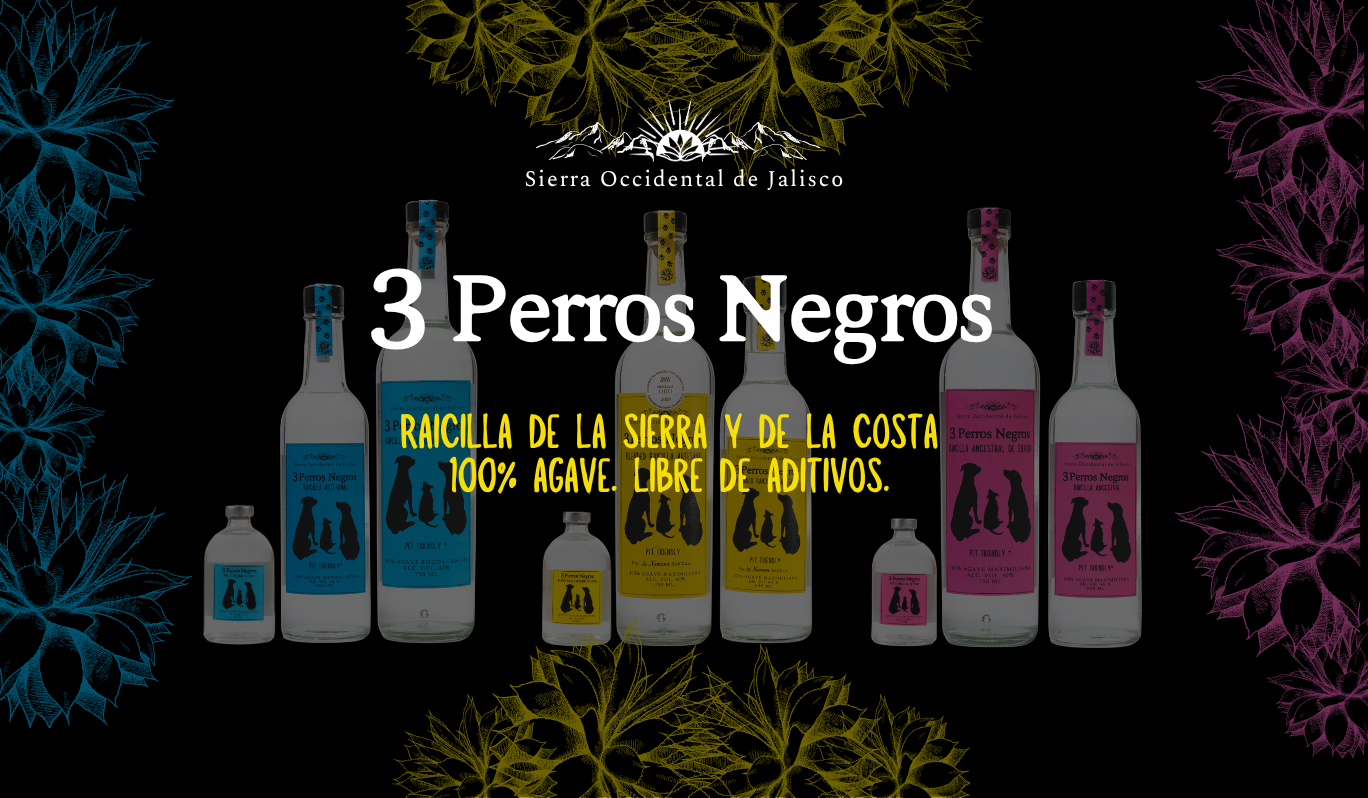 Banner principal de 3 Perros Negros con sus botellas de raicilla artesanal de la Sierra y de la Costa de Jalisco, 100% agave y libre de aditivos