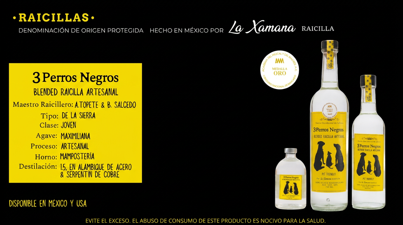 Botella de Raicilla Blended Artesanal de la Sierra 3 Perros Negros, 100% agave Maximiliana, San Sebastián del Oeste, Jalisco